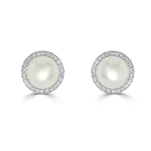 18ct White Gold Diamond & Cultured Pearl Cluster Stud Earrings