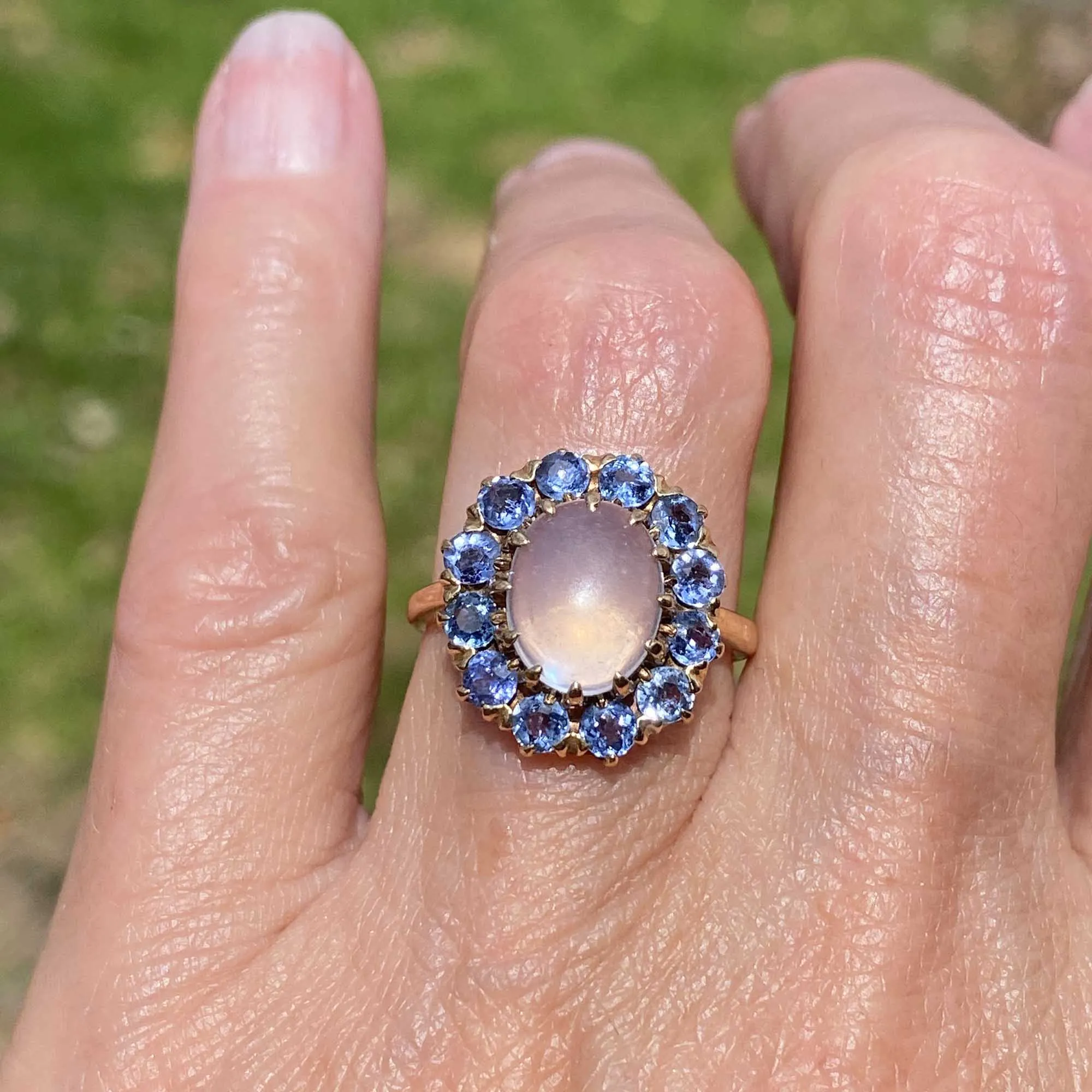 Antique Blue Sapphire Halo Moonstone Ring in Gold