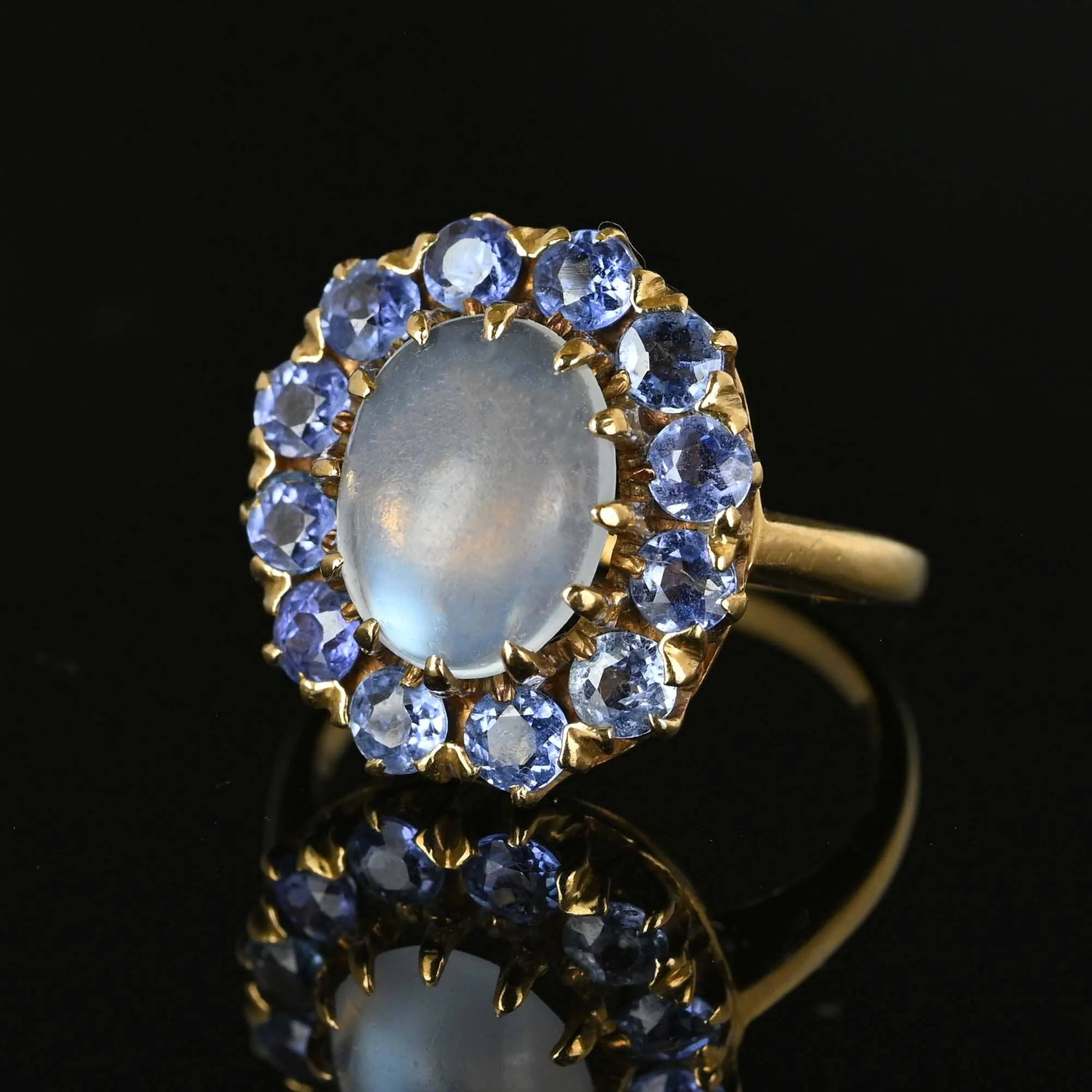 Antique Blue Sapphire Halo Moonstone Ring in Gold