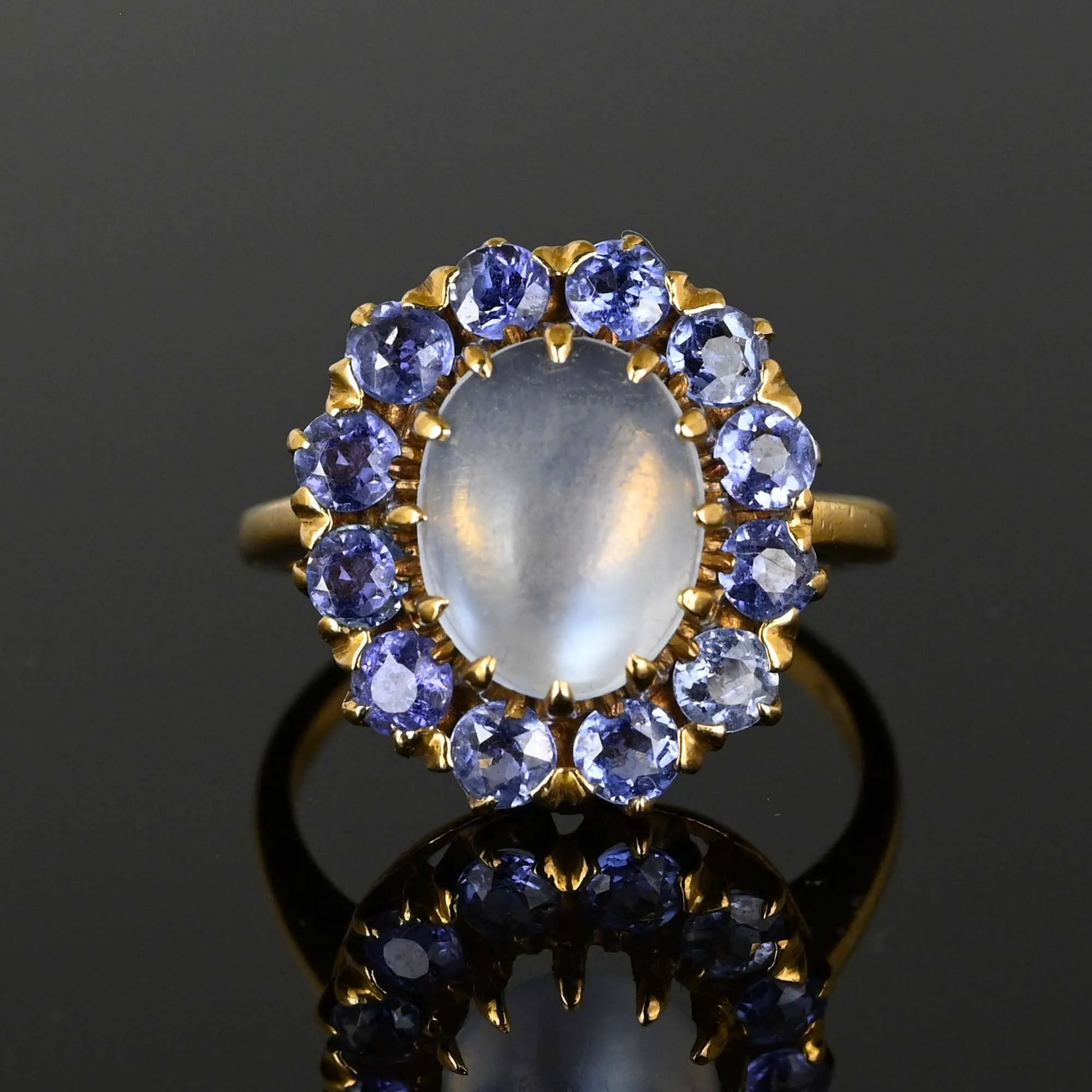 Antique Blue Sapphire Halo Moonstone Ring in Gold