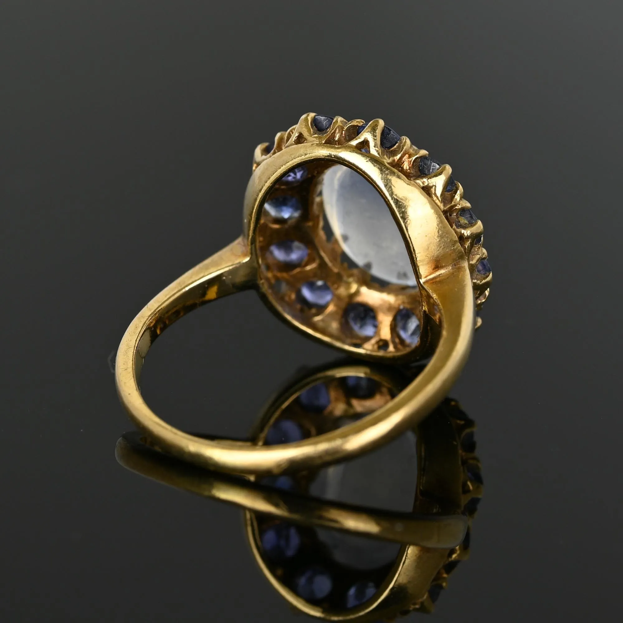 Antique Blue Sapphire Halo Moonstone Ring in Gold