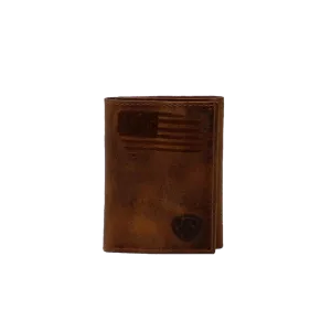 Ariat Men's Distressed Usa Flag Tri Fold Brown Wallet