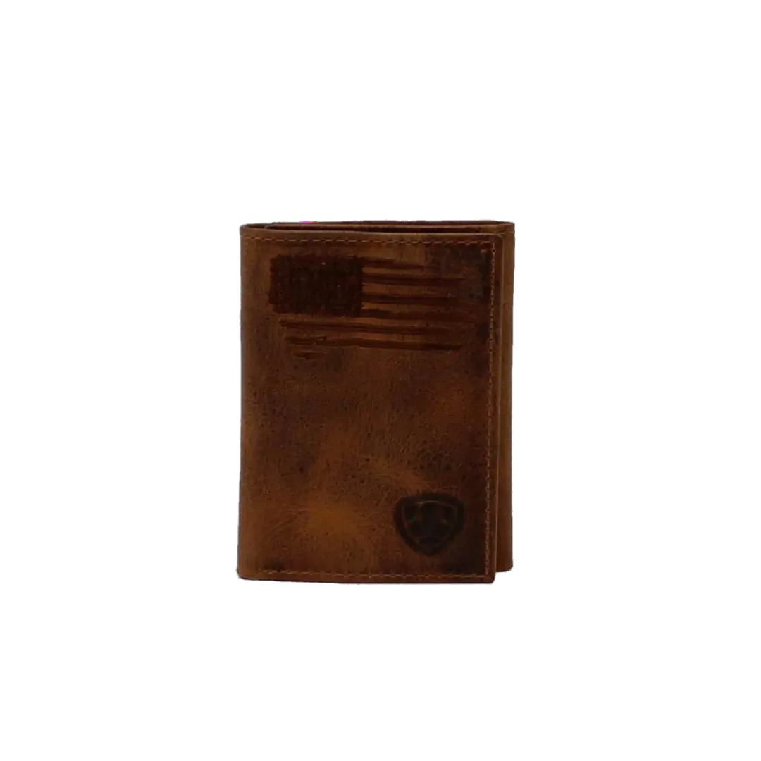 Ariat Men's Distressed Usa Flag Tri Fold Brown Wallet