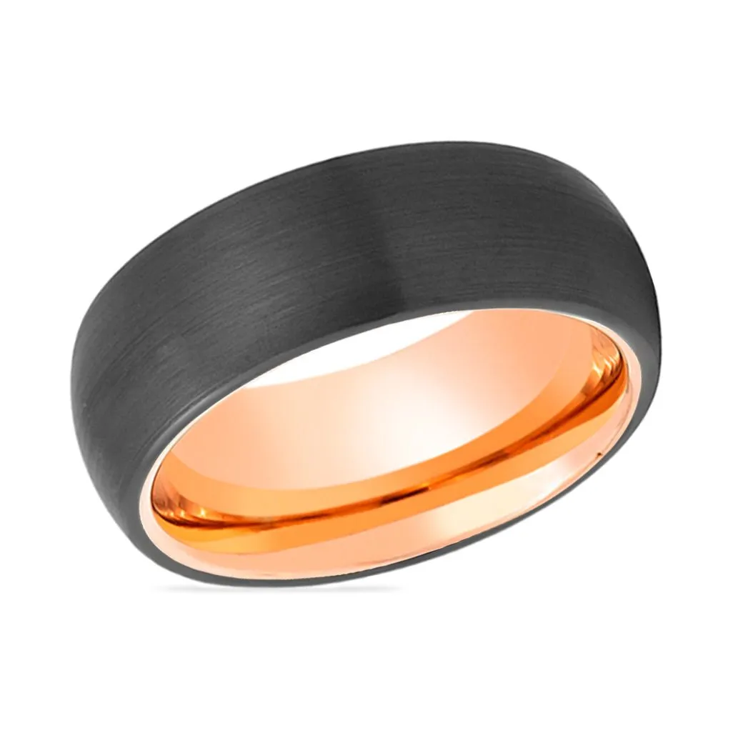 AUDI | Rose Gold Ring, Black Tungsten Ring, Brushed, Domed