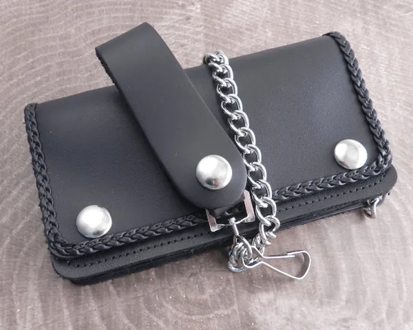 Black Leather Biker Chain Wallet with Braided Edge