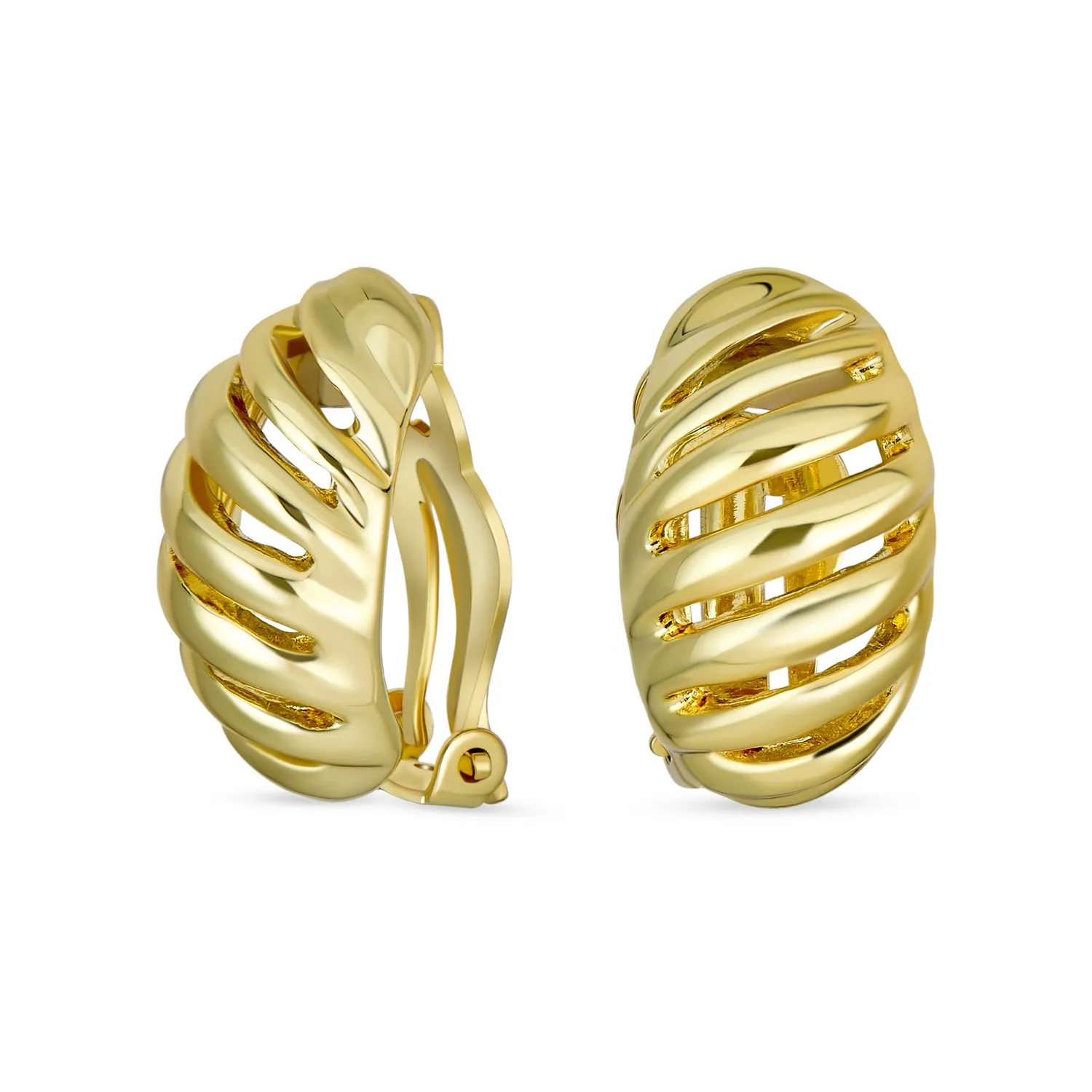 Classic Geometric Stripe Shrimp Dome Clip-on Earrings 2 Tone Gold Silver