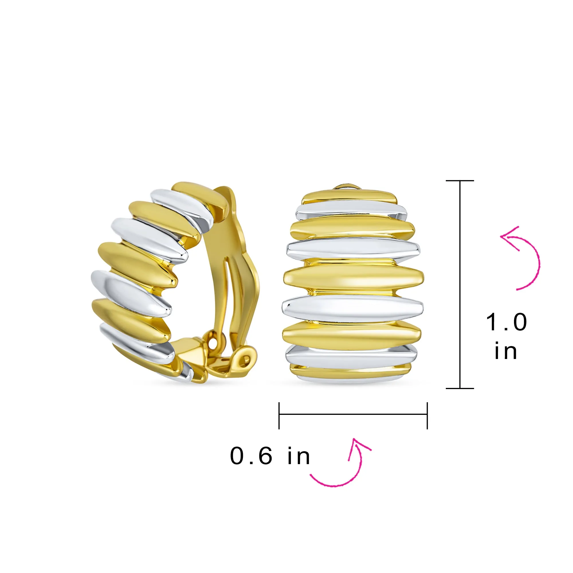 Classic Geometric Stripe Shrimp Dome Clip-on Earrings 2 Tone Gold Silver