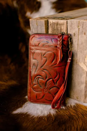 Malia Tooled Leather Organized Wristlet [Oxblood]