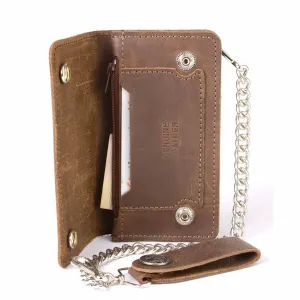 Milwaukee Leather MLW7827 Men's 6” Brown Leather Bi-Fold Biker Wallet w/ Anti-Theft Stainless Steel Chain and Buffalo Nickel Snaps